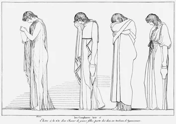 Electra and the Chorus bär kärl för dricksoffer på Agamemnons grav, illustration från 